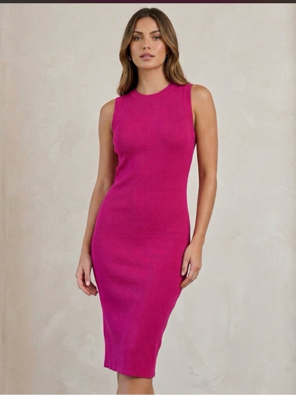 Ripley Rader Fuchsia Pink Ribbed Sleeveless Bodycon Midi Dress Sz 3 Stretch NWT